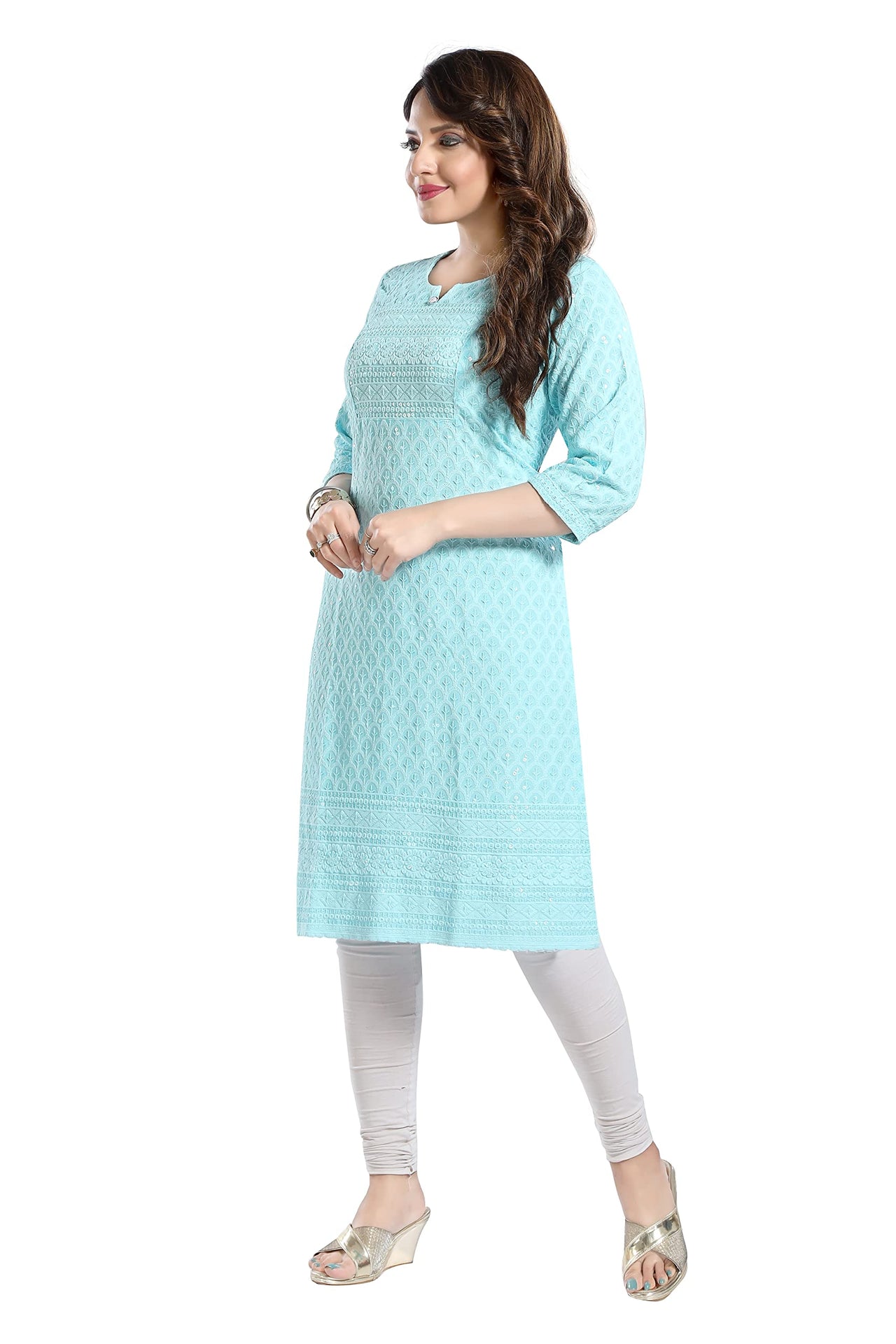QUEEN SHIELD Women's  Knee Length Rayon Chikan-Kari KurtaKurti (QS_6631)