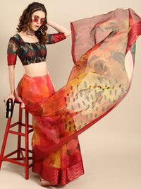 AKHILAM Women's  Knit Floral Printed Organza Saree with Unstitched Blouse Piece (FF0SAGE10_Parent)