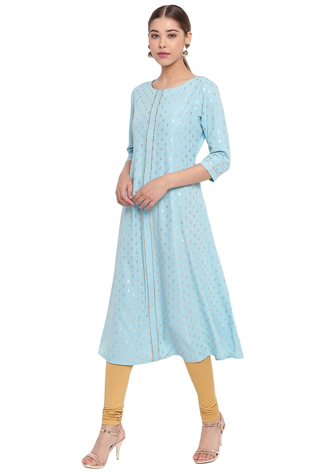 Janasya Women's  Turquoise A-Line Poly Crepe Kurta
