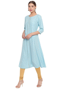 Janasya Women's  Turquoise A-Line Poly Crepe Kurta