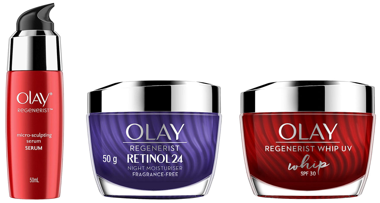 Olay Night Cream: Regenerist Retinol 24 Moisturiser, 50 g&Olay Regenerist SPF Whip Cream 50 ml&Olay Regenerist Microsculpting Serum
