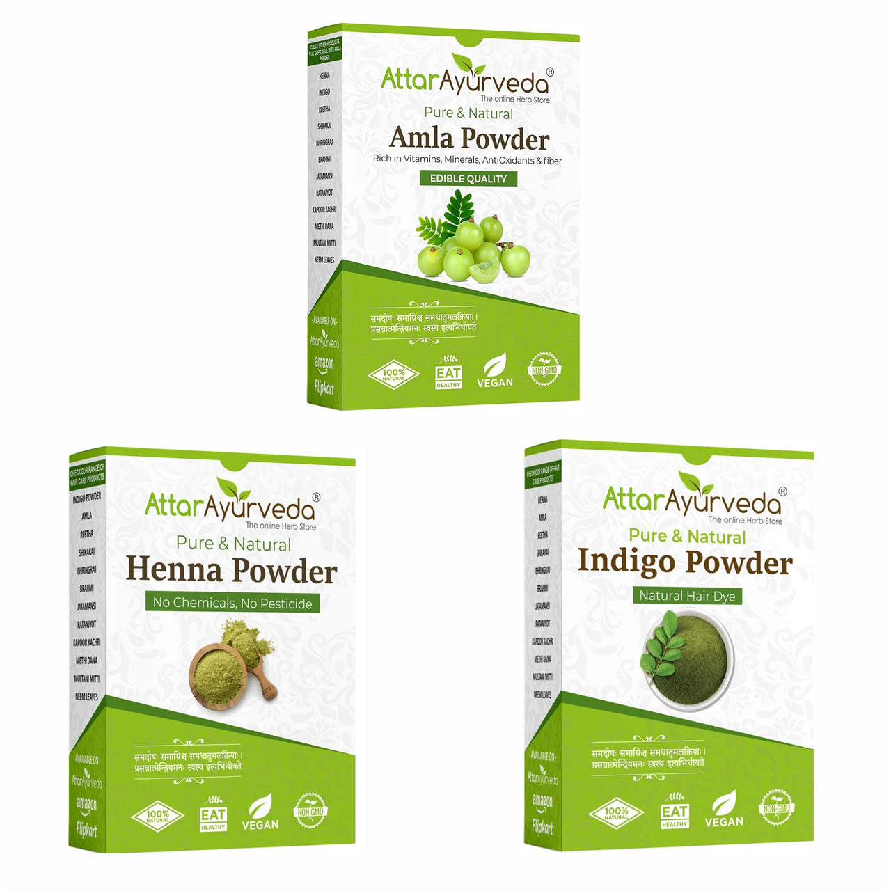 Attar Ayurveda Henna Leaves Powder, Indigo Leaves powder and Amla Powder Combo (650 Grams)