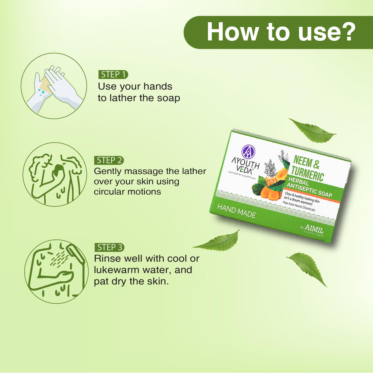 Ayouthveda Neem and Turmeric Herbal Soap | Antiseptic Bathing Soap with Natural Fragrance | Prevents Skin Disease With Neem & Turmeric | For Glowing & Acne Free Skin (Pack of 2-100g each)