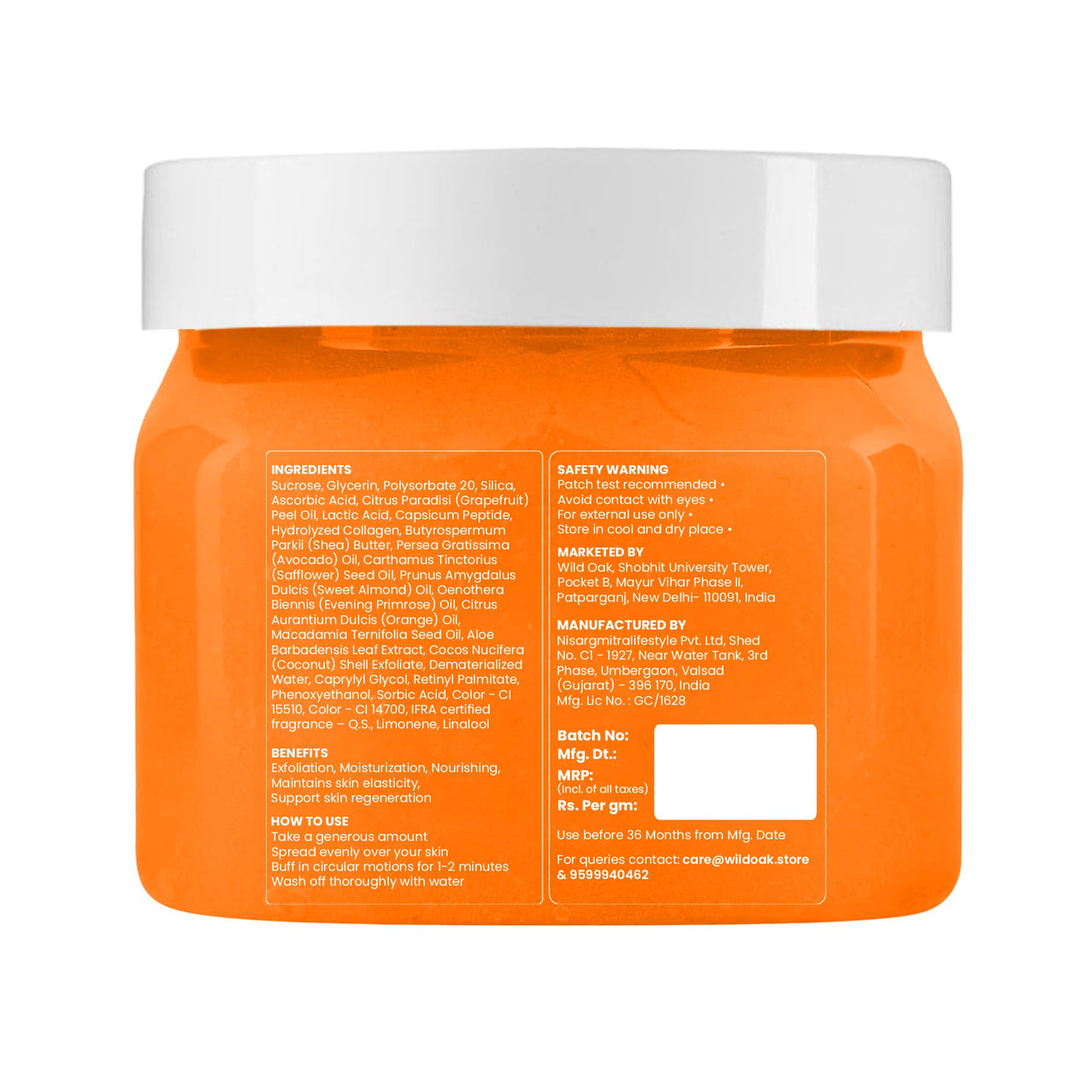 WildOak Vitamin C Sugar Body Scrub | 300g | Kojic Acid, Hyaluronic Acid, Ceramides, Collagen & Peptides | De-Tan & Brightens Dark Areas | Smooths Strawberry Legs & Arms | Hydrates & Exfoliates