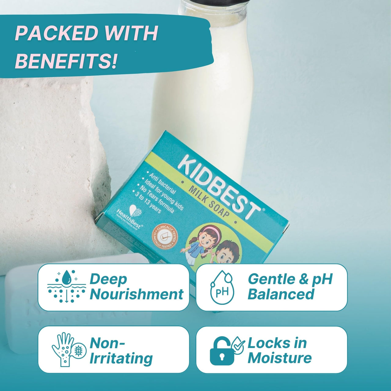 Healthbest Milk Soap For Kids | Anti-Bacterial | Normal Skin, Sensitive Skin & Dry Skin | Tear free | (Pack of 3)