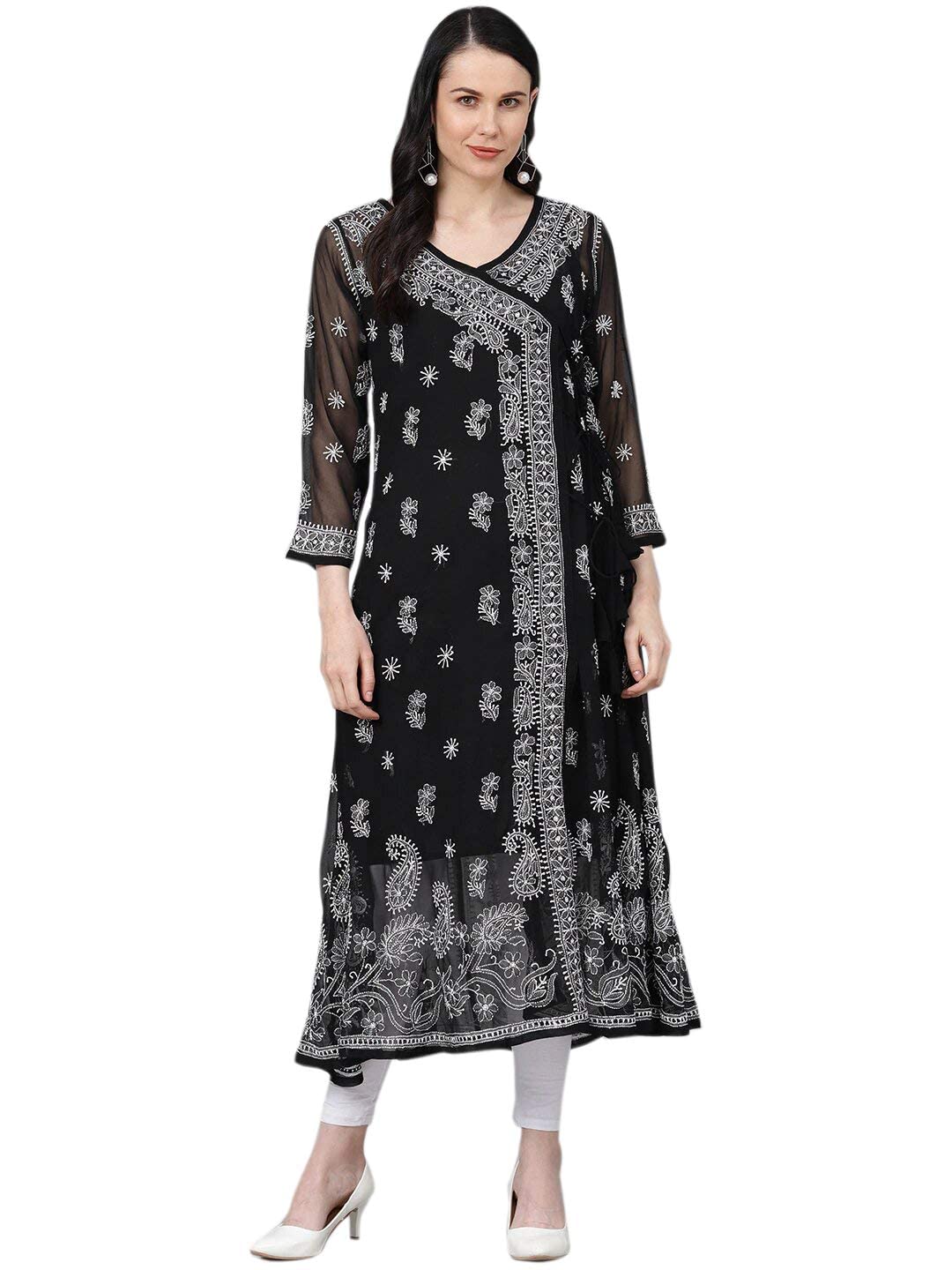 Ada Handcrafted Lucknowi Chikan Women's  Georgette Angrakha Kurti Kurta with Slip A100593