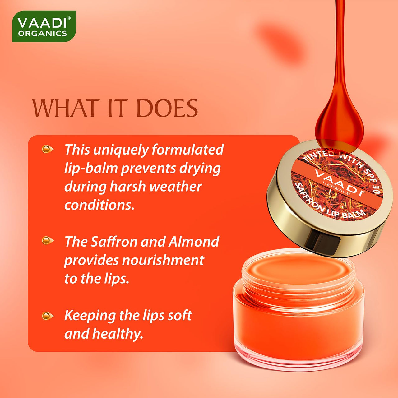 VAADI HERBALS Tinted Saffron Lip Balm with Strawberry Extract, Almond Oil & Shea Butter, SPF30 for Dry, Chapped & Sun Damaged Lips (10 gms)
