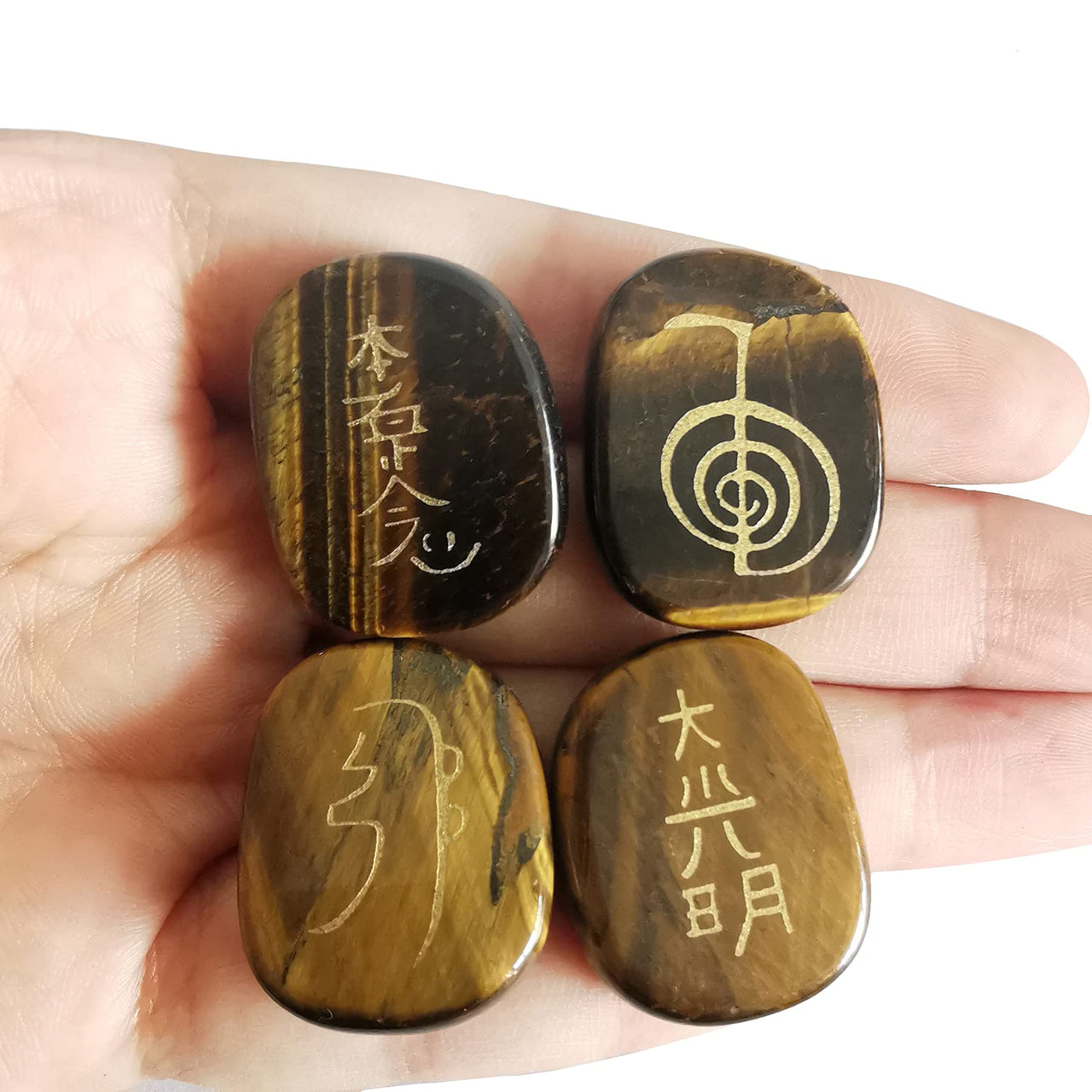 Loveliome 4 Pcs Tiger's  Eye Engraved Chakra Stones Healing Crystal Reiki Balancing Palm Stone, 25mm Brown-tiger's  Eye