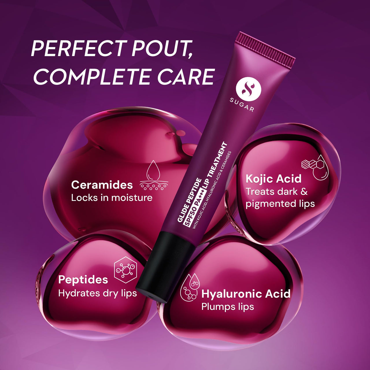 SUGAR Cosmetics Glide Peptide SPF50 PA+++ Lip Treatment | Infused Hyaluronic Acid, Ceramides & Vitamin E | Tinted Lip Balm | 10ml - 02 Caramel Crepe