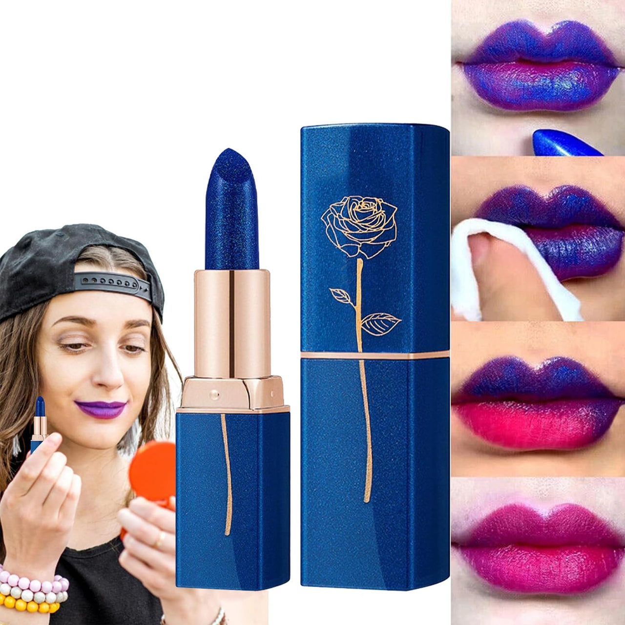 FLORISELL Blue Shimmer Magic Color Changing Lipstick, Labial Magico Lips Moisturizer Lazy Lipstick For Women