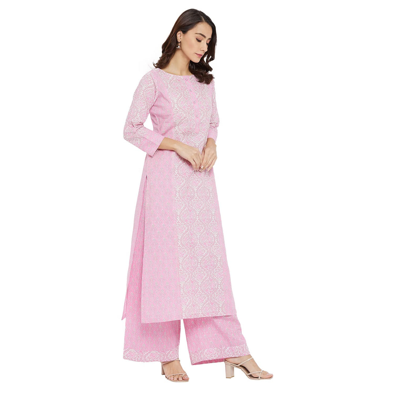 Tissu Women's  Cotton Pink & White Floral Printed Kurta with Palazzo L