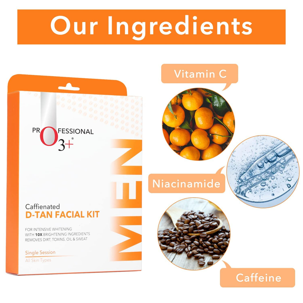 O3+ Caffeinated D-Tan Facial Kit for intensive whitening remove dirt toxins oil and sweat single session for All Skin Types & O3+ D-Tan Radiance Face Wash 60gm (Combo Pack)