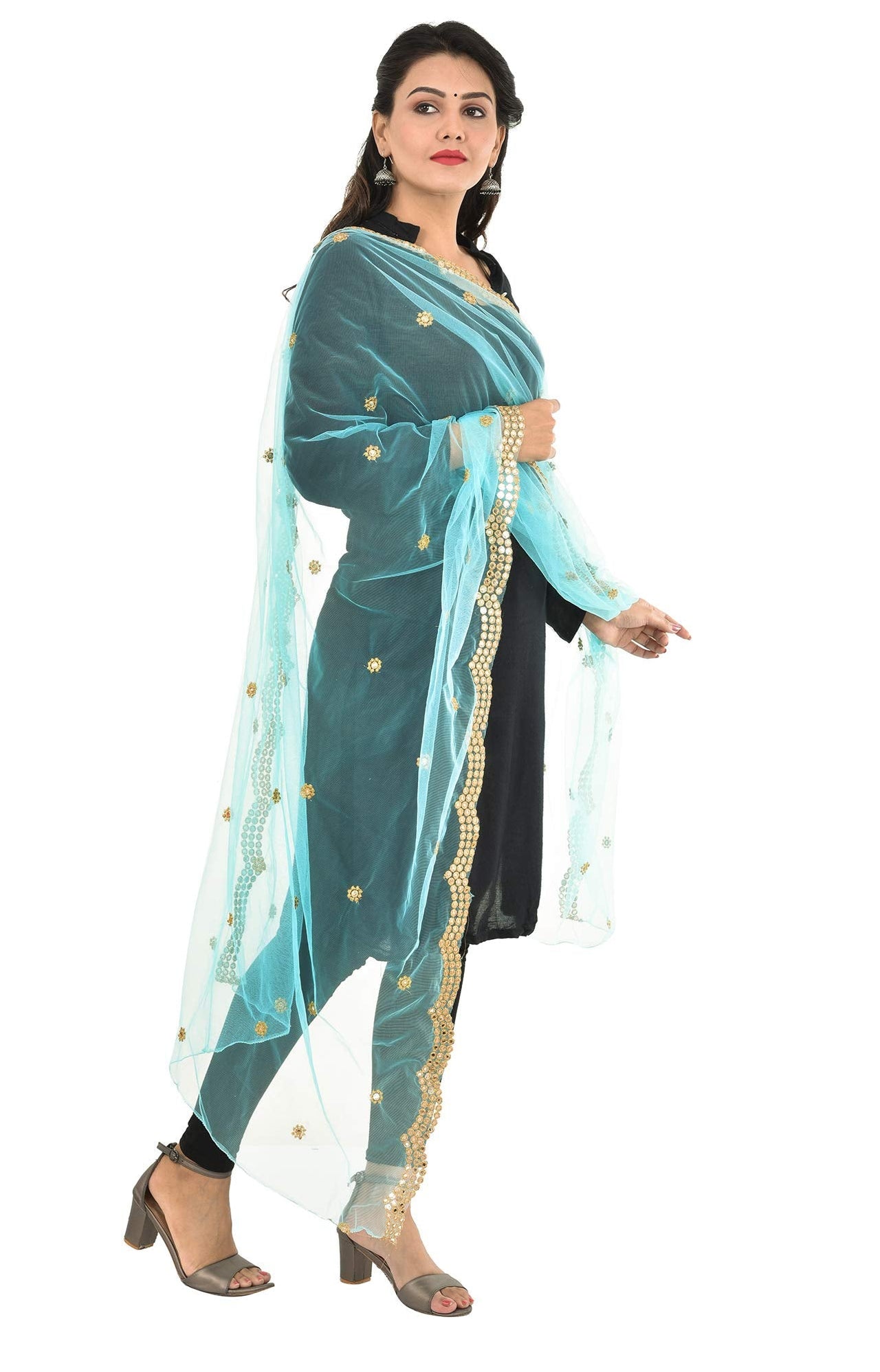 YOUTHQUAKE Heavy Embellished Plastic Mirror Net Dupatta for Womens & Girls