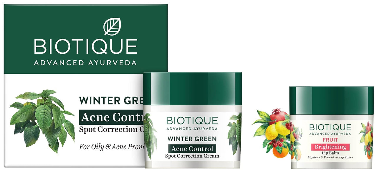 Biotique Bio Fruit Whitening Lip Balm, 12g And Biotique Bio Winter Green Spot Correcting Anti Acne Cream, 15g