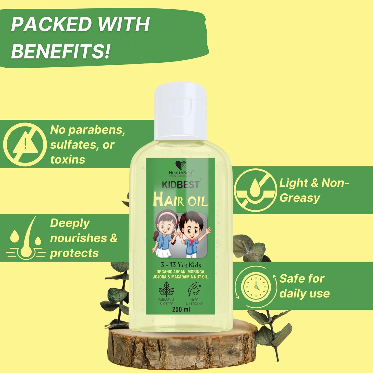 HealthBest Kidbest Hair Oil for Kids | Organic Argan, Moringa, Jojoba & Macadamia Nut Oil | Hair Growth | Damaged Hair | Tear, Paraben, SLS free | 250ml