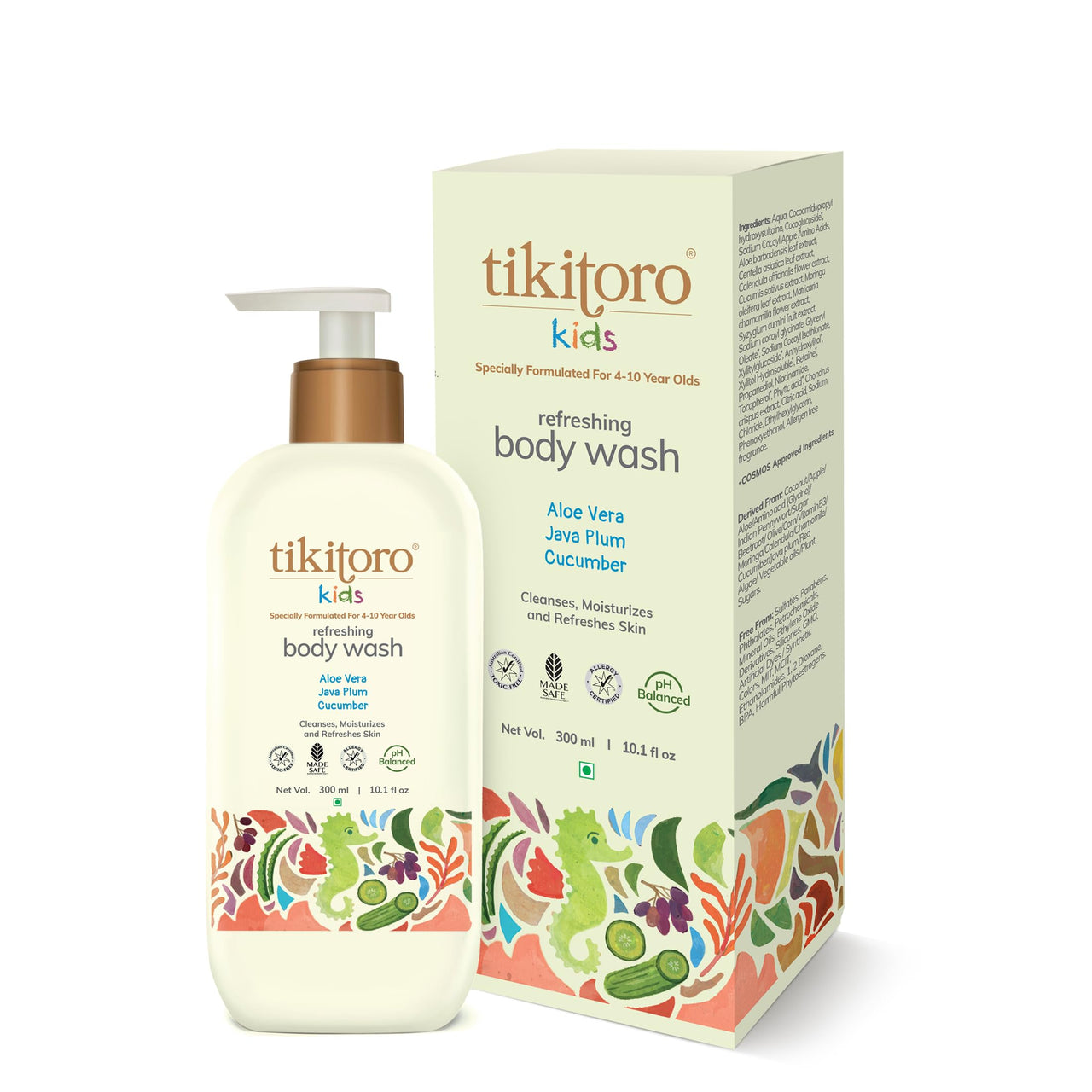 Tikitoro Kids Refreshing Body Wash | Pediatrician Approved | Deeply Cleanses, Hydrates & Refreshes Skin | Cucumber, Java Plum, Vitamin C & Aloe Vera | No Parabens & Sulphates, Age 4+ years (300ml)