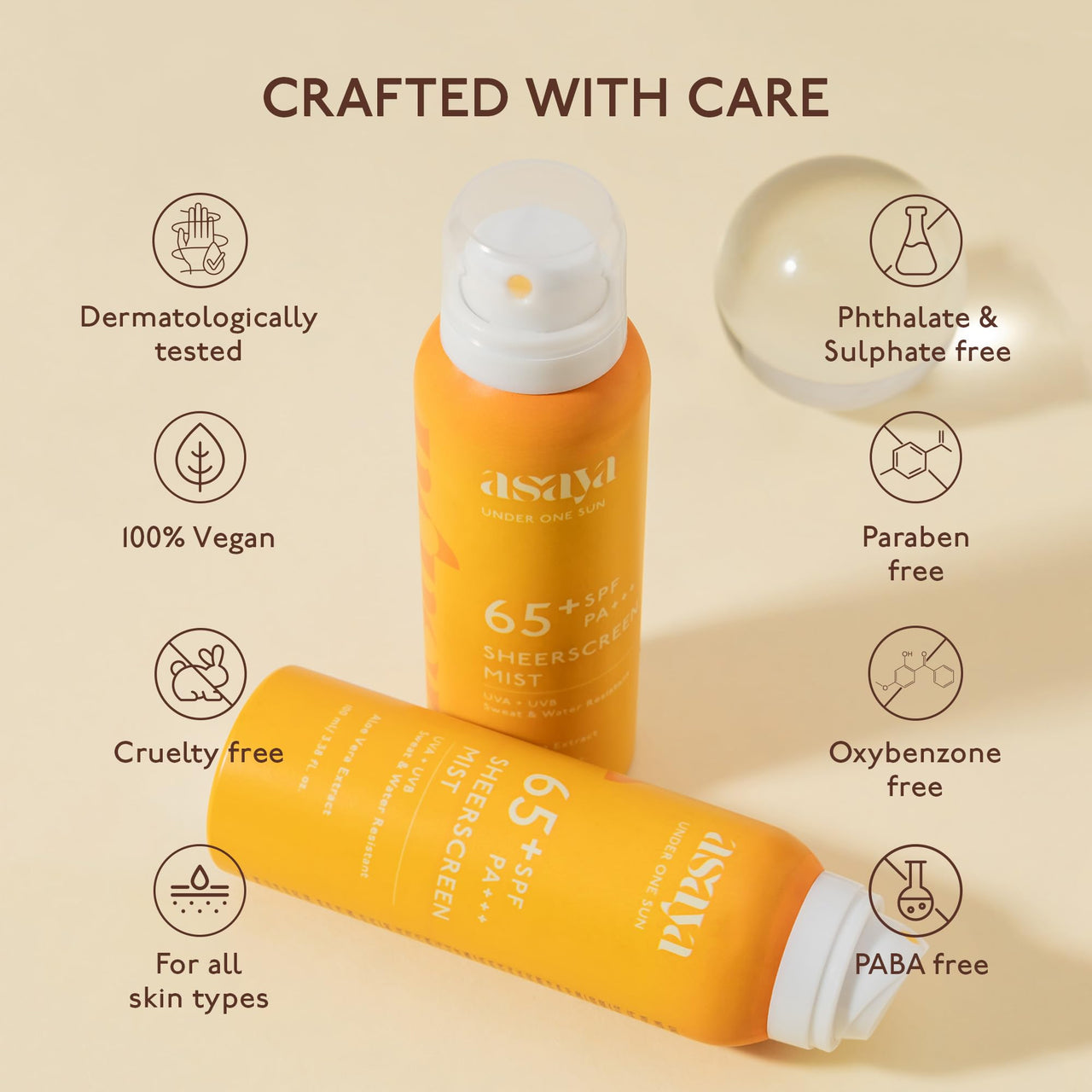 Asaya SPF 65+ Waterproof Sunscreen Spray | Broad Spectrum UVA/B Protection | Blue Light Sunscreen Protection | Quick Drying & Lightweight | No White Cast & Invisible Finish | Matte Finish | With Aloe Vera Extract for Hydration | Sweat & Water Resistant |