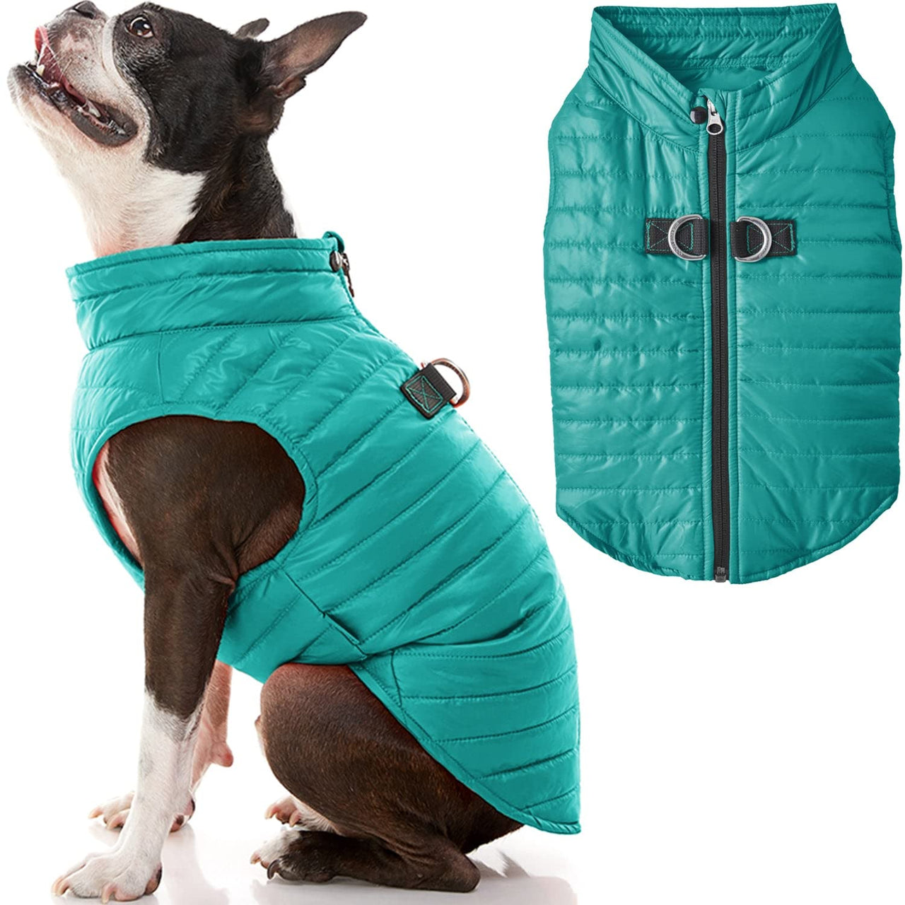 Gooby Puffer Vest Dog Jacket - Turquoise, Large - Ultra Thin Zip Up Wind Breaker with Dual D Ring Leash - Water Resistant Small Dog Sweater Coat - Dog Clothes for Small Dogs Boy or Medium Dogs Large chest (20.75")