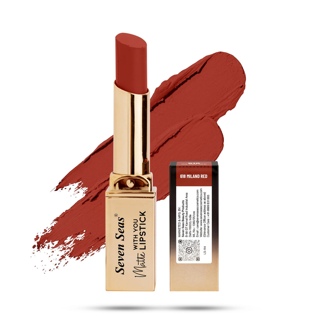 Seven Seas Matte With You Long Lasting Lipstick | Smooth Application |Transferproof & Smudge Proof | Highly Pigmented Lipstick for Women (Milano Red)