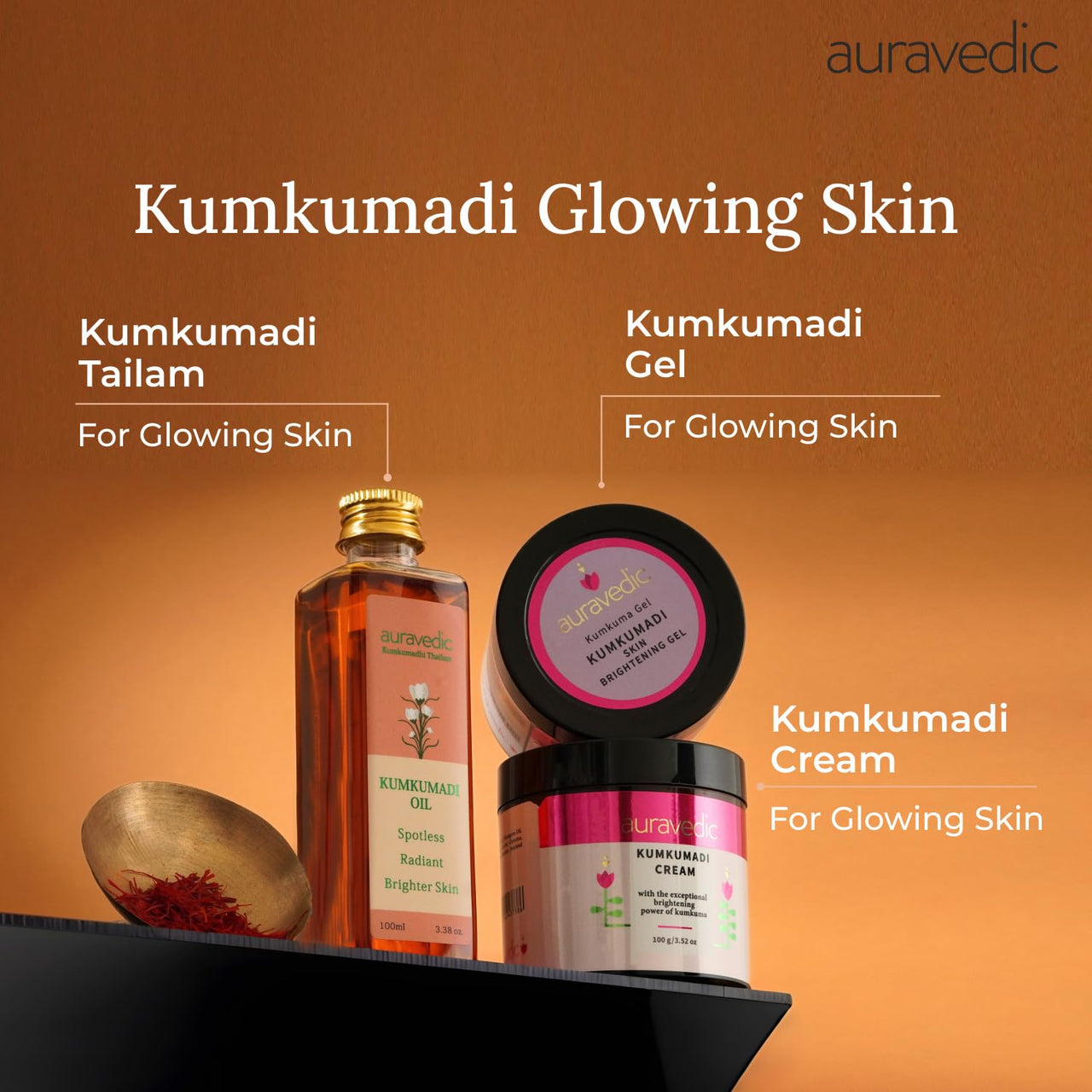 Auravedic Kumkumadi tailam,Gel and Kumkumadi face cream 100 ml 100g 100 g pack of 3 face oil for glowing skin