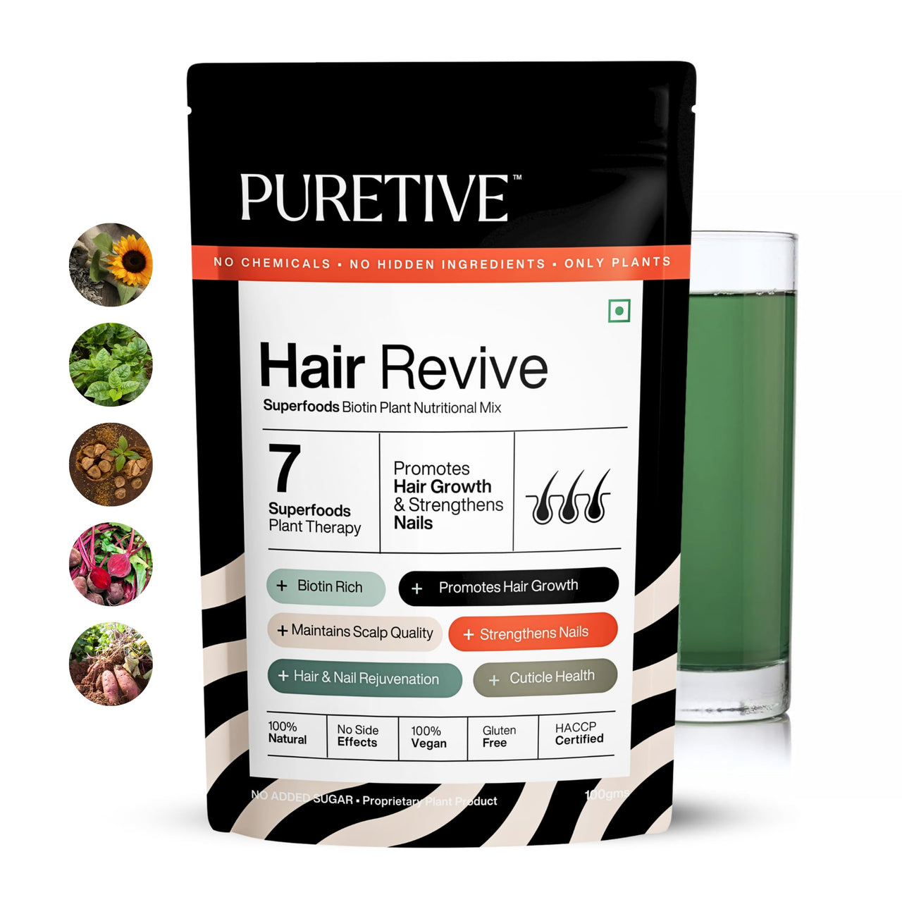 Puretive Hair Revive | Plant Based Biotin Powder | Promotes Healthy Hair and Fights Hair Fall | Promotes Hair Growth - 100% PURE, Non-GMO, Vegan | Superfood for Everday use | Just Mix & Sip | 100gms