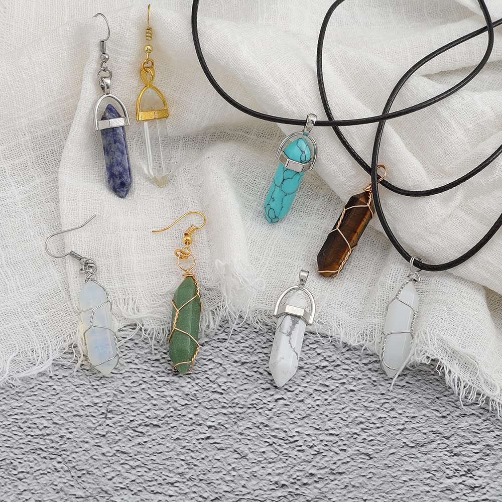 Lezam 24 Pcs Healing Chakra Crystal Pendant Hexagonal Pointed Natural Stone Bullet Shaped Pendant Gemstone Quartz Charm Pendants for Necklace Jewelry Making(24) 24-B