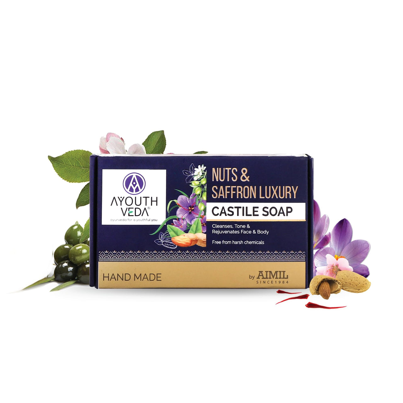 Ayouthveda 1 Nuts & Saffron Luxury Castile Soap, Saffron Soap(110g),Clay Soap, Clean Tone Revitalize Skin, Nourish, Protect & Hydrate Skin (110g), Fruit Honey Soap 110g