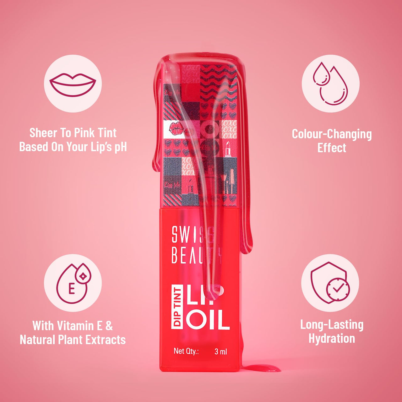 Swiss Beauty Dip Tint Colour Changing PH Lip Oil | With Vitamin E for Long-Lasting Nourishment and Hydration| Soft and Natural Pink Lips | Shade- Peach, 3ml