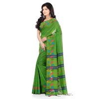 WoodenTant women’s handloom cotton saree in Green with multicolor designer Leaf in pallu