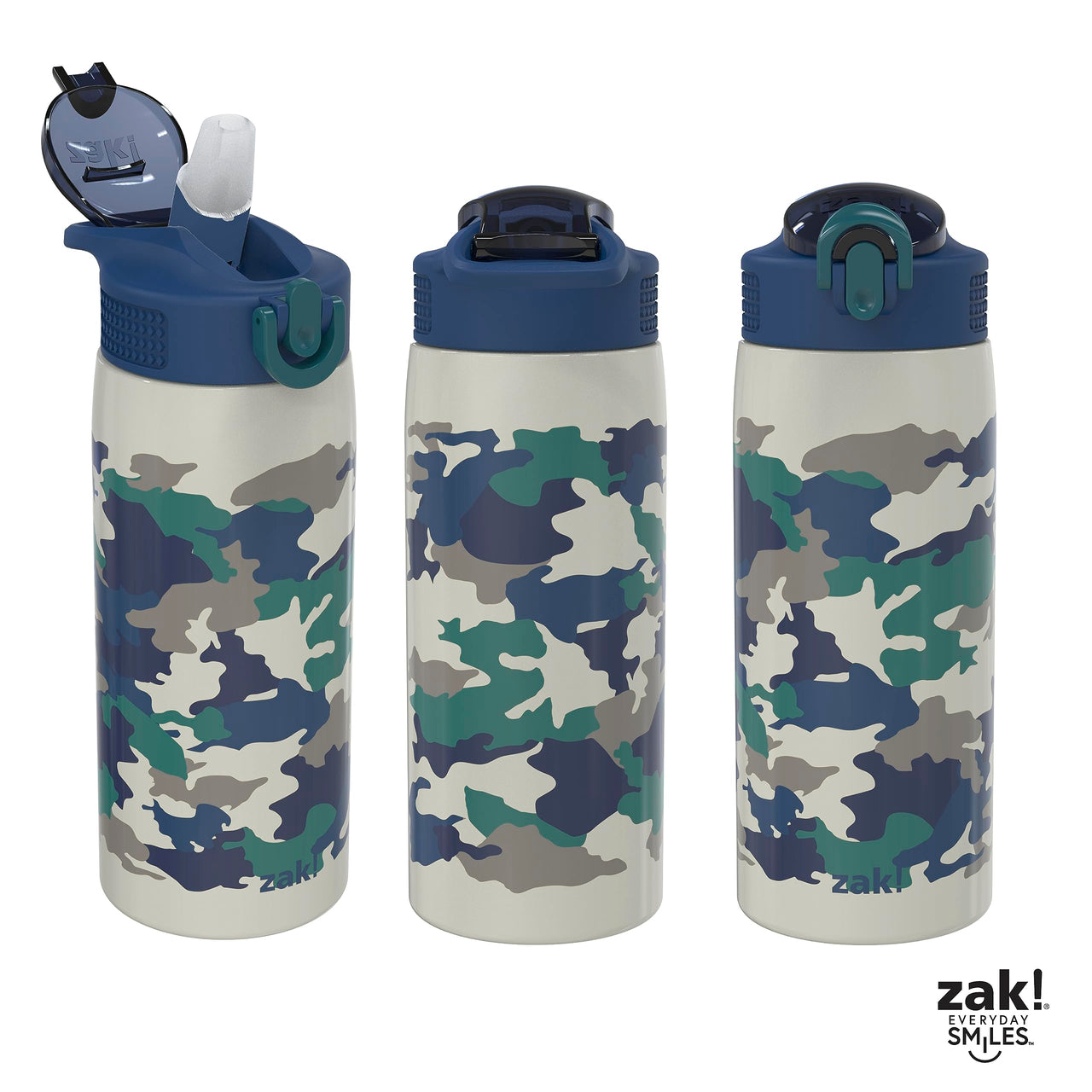 Zak Designs Water Bottle for Travel and At Home, 19 oz Vacuum Insulated Stainless Steel with Locking Spout Cover, Built-In Carrying Loop, Leak-Proof Design (Camo) Camo