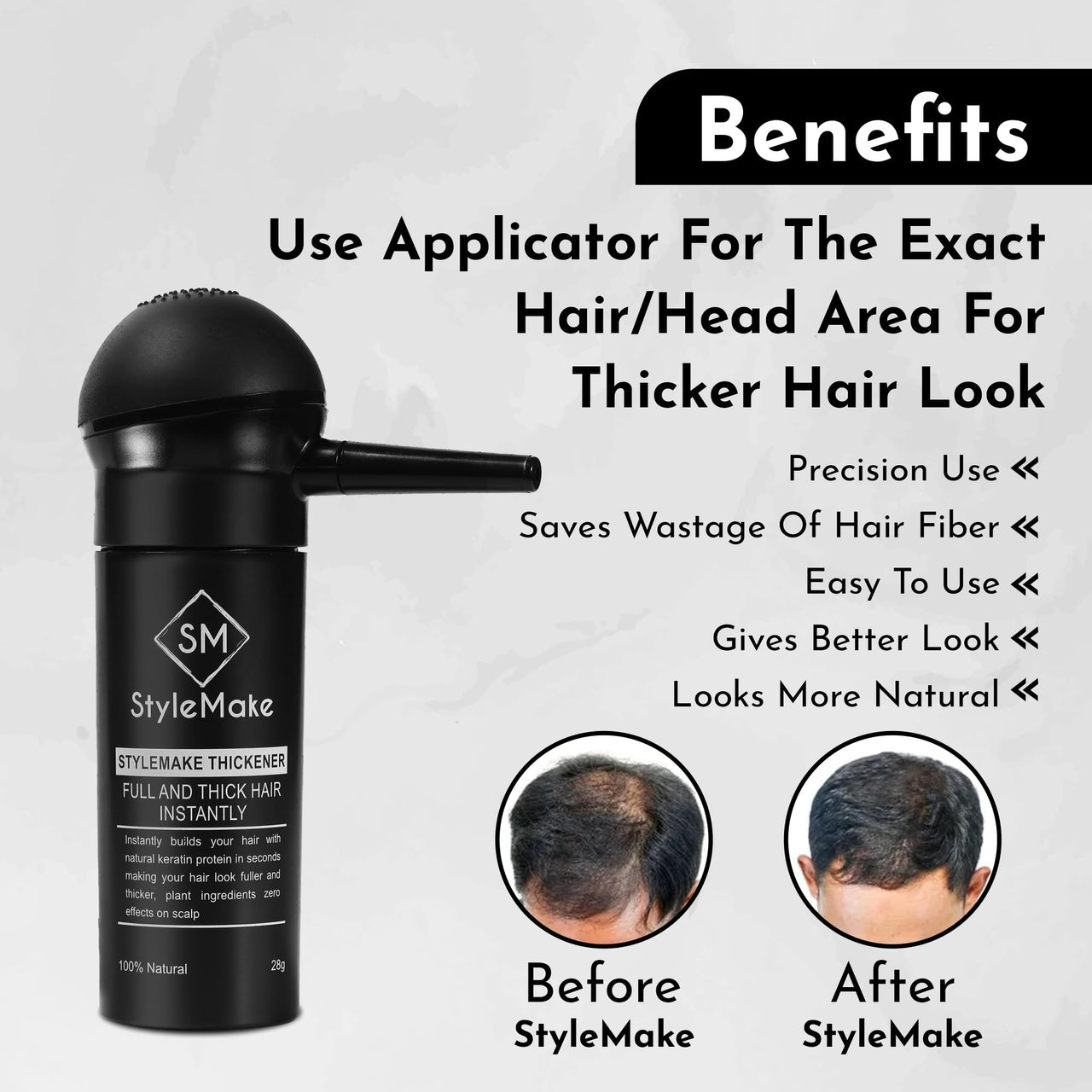 StyleMake Thickener Hair Fiber Dark Brown 28gm With Pump for Thin & Fine Hair | Thickening Fibre Spray for Men & Women | Loss Concealer | (Dark Brown Fiber + Applicator)