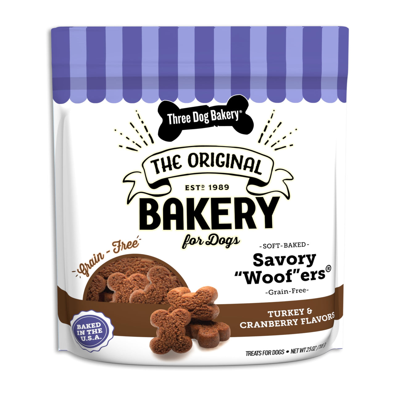 Three Dog Bakery Soft Baked Grain Free Meaty Woofers, Turkey and Cranberry Flavor, Premium Treats for Dogs, Brown, 25 oz Turkey and Cranberry 25 oz. 1.56 Pound (Pack of 1)