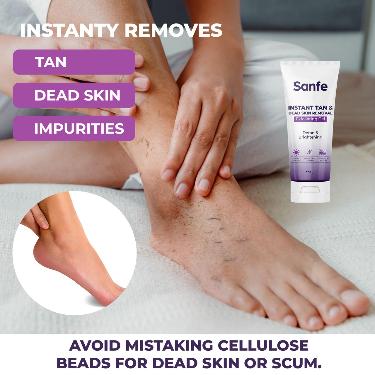 Sanfe Instant Tan & Dead Skin Removal Exfoliating Gel | Visibly Removes Tan | AHA Exfoliation in Minutes | Smooth & Bright Skin | 200g