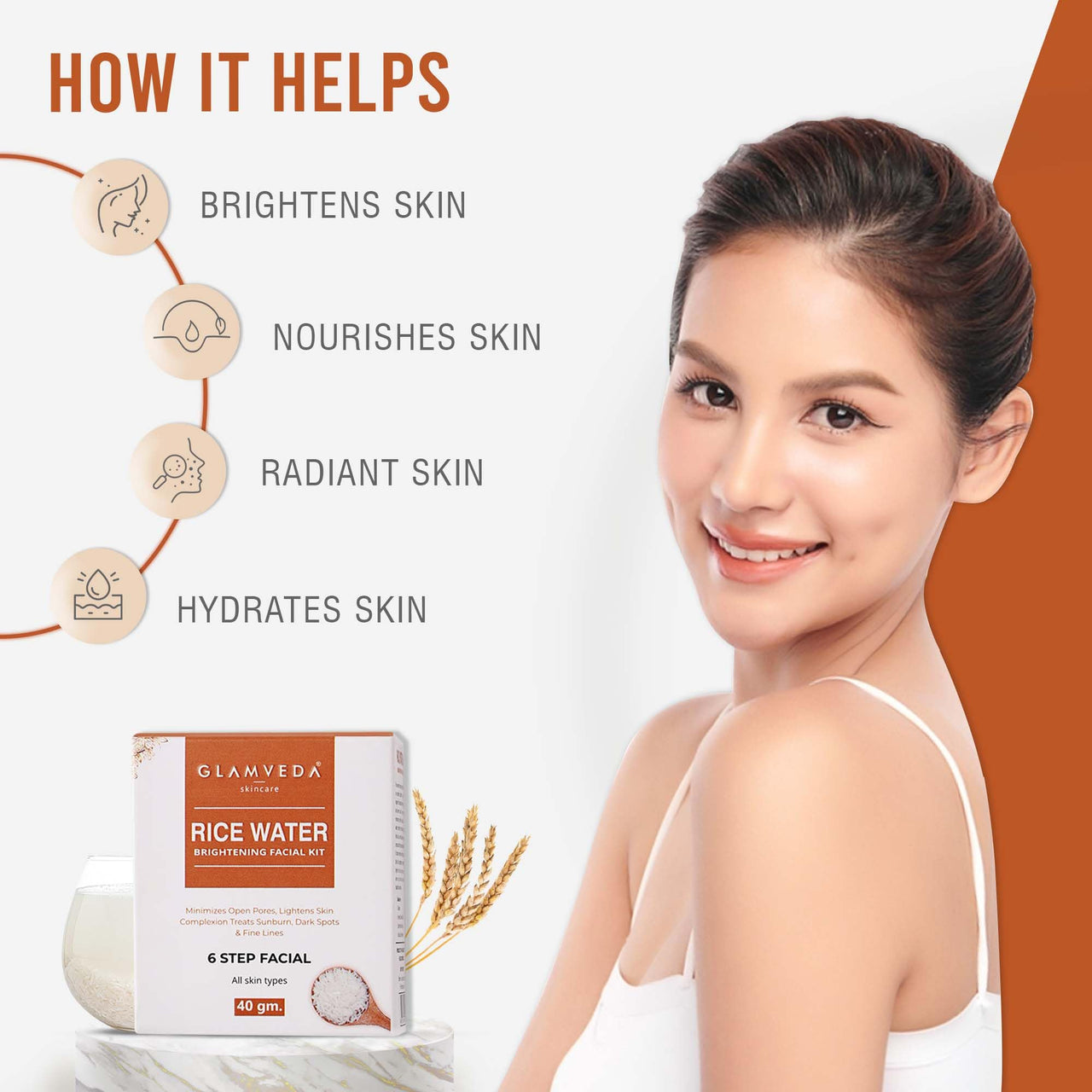 Glamveda Rice Water Brightening Facial Kit | 6 Steps | 40 gm | Evens Skin Tone & Lightening