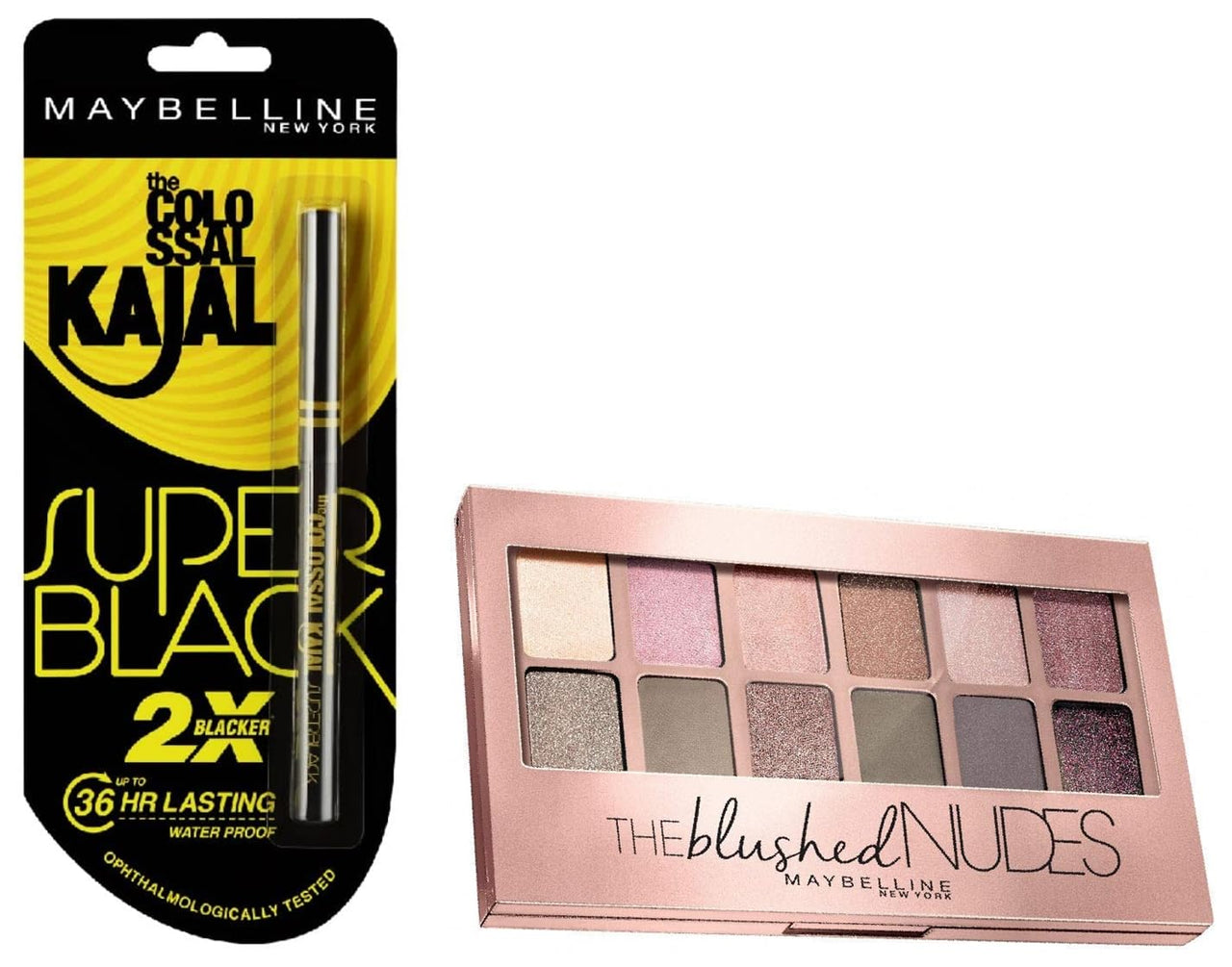 Maybelline New York The Blushed Nudes Palette Matte Eyeshadow, 9G And Colossal Kajal, Super Black, 0.35G