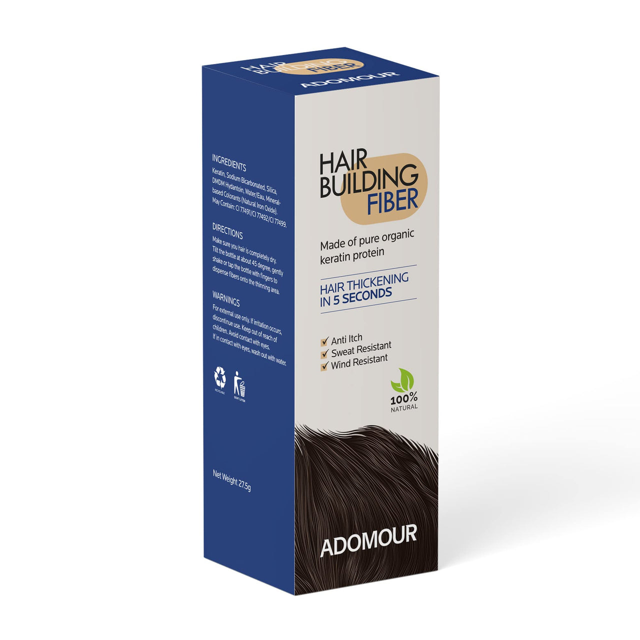 Adomour Hair Building Fiber 27.5g | Keratin Fibers for Thin, Fine & Thinning Hairs | Natural Coverage | Instant Thickening & Volumizing | Bald Spot Cover Up Hair Fiber Powder for Men & Women (Black)