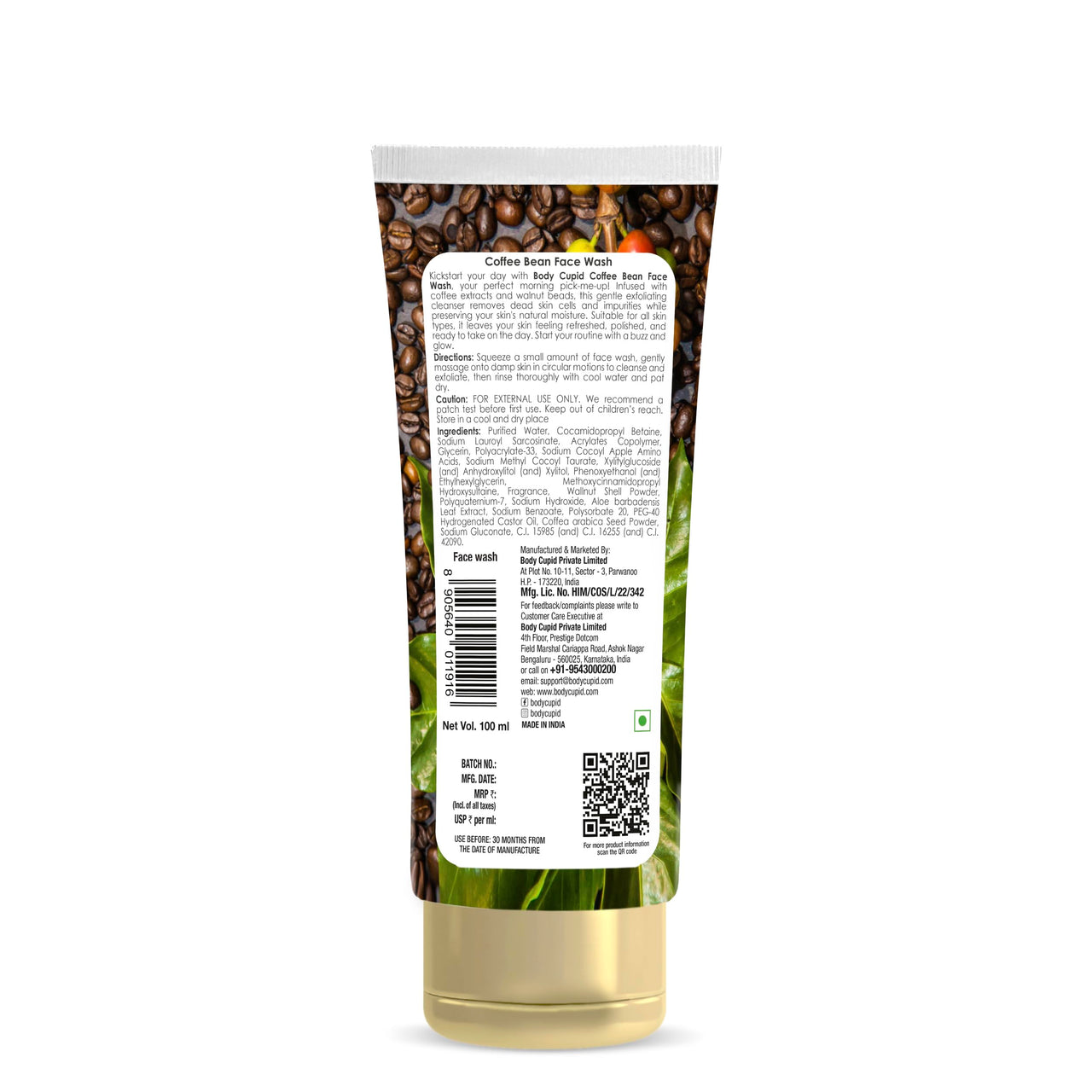 Body Cupid Coffee Bean Face Wash | Gentle Exfoliating Face Cleanser with Coffee Extract & Walnut Beads | Energizing & Moisture-Balancing Formula | 100ml