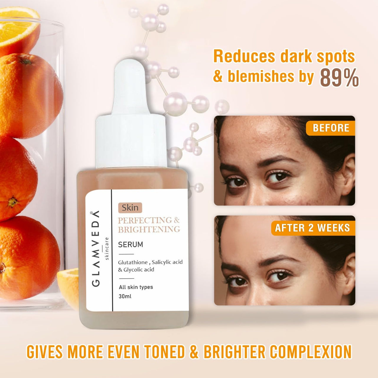 Glamveda Glutathione Skin Perfecting Face Serum with 2% ww Glycolic acid, 1% ww Salicylic acid for Glowing Skin | Brightening and Lightening Serum | 30ml