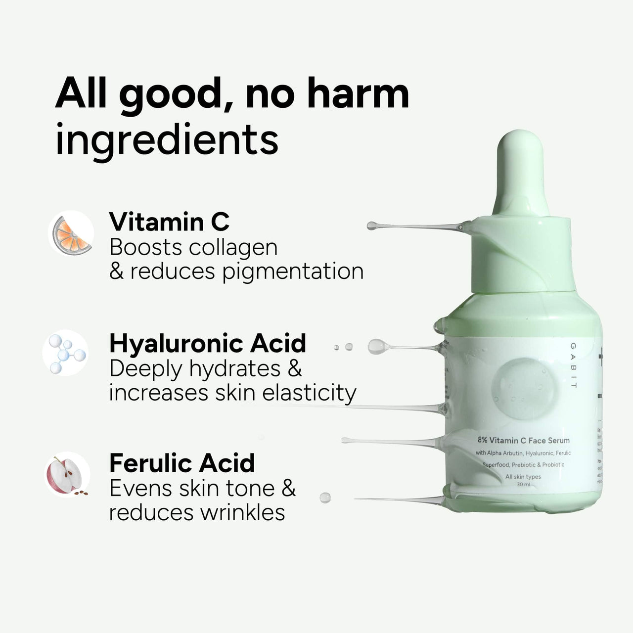 Gabit 8% Vitamin C Face Serum for Glowing Skin | Brightening Serum for Dark Spots, Tanned & Dull Skin; Hydrates | Alpha Arbutin, Hyaluronic, Ferulic, CiCa, Prebiotic, Probiotic | Oil & PEG free |30 ml