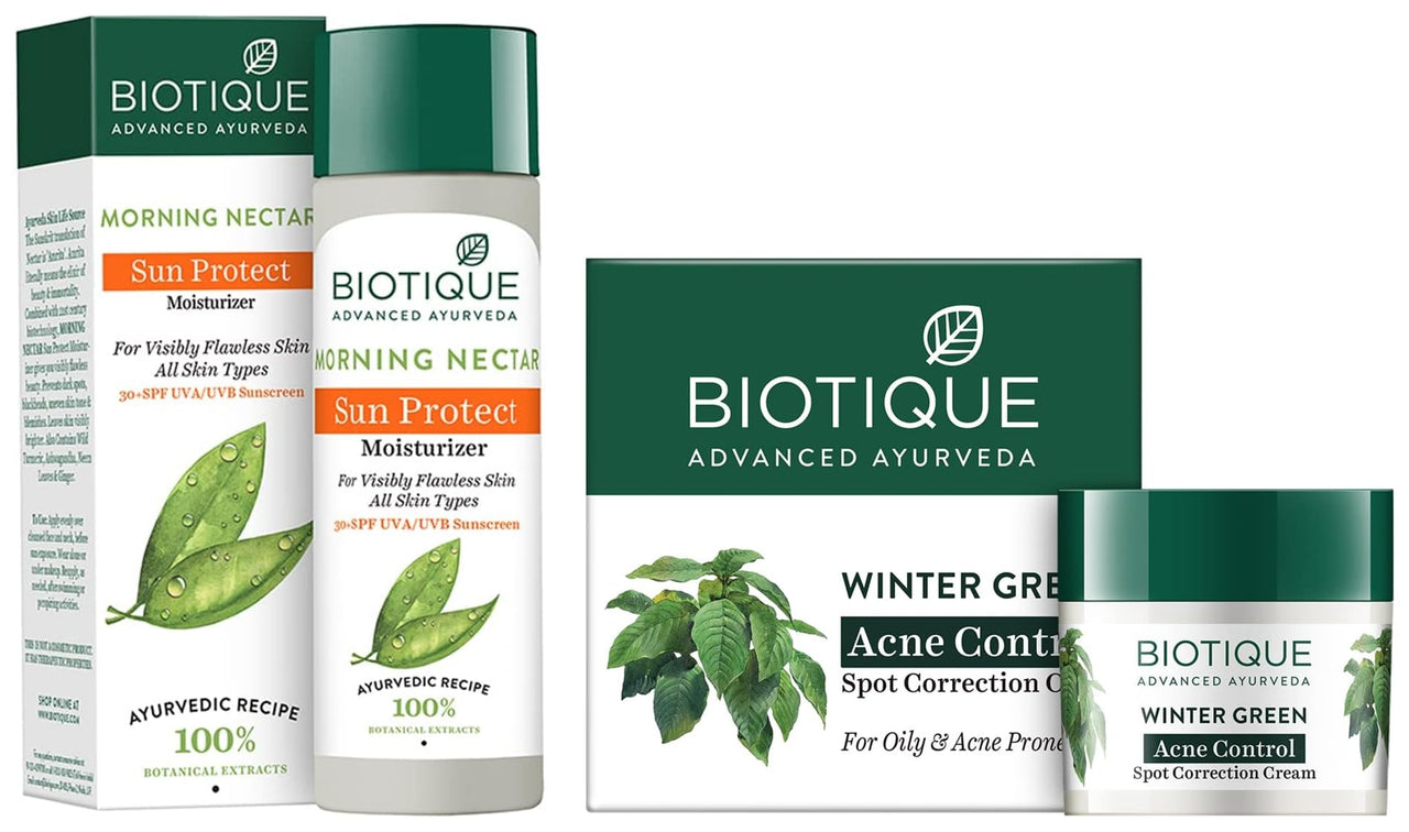 Biotique Bio Morning Nectar Sunscreen Ultra Soothing Face Lotion, SPF 30+, 120ml & Bio Winter Green Spot Correcting Anti Acne Cream, 15g