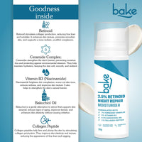 BAKE Retinol Night Cream with 2.5% Retinoid & Bakuchiol Oil for Anti Ageing, Fine Lines & Wrinkles | Retinol Night Repair Moisturizer | Lightweight, Non Sticky & Fragrance Free | All Skin Types | 30g