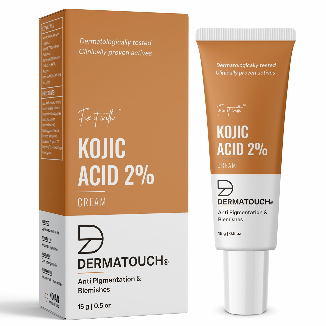 DERMATOUCH Kojic Acid 2% Cream | Non-greasy | For Pigmentation, Blemishes and Dark Spots reduction - 15G