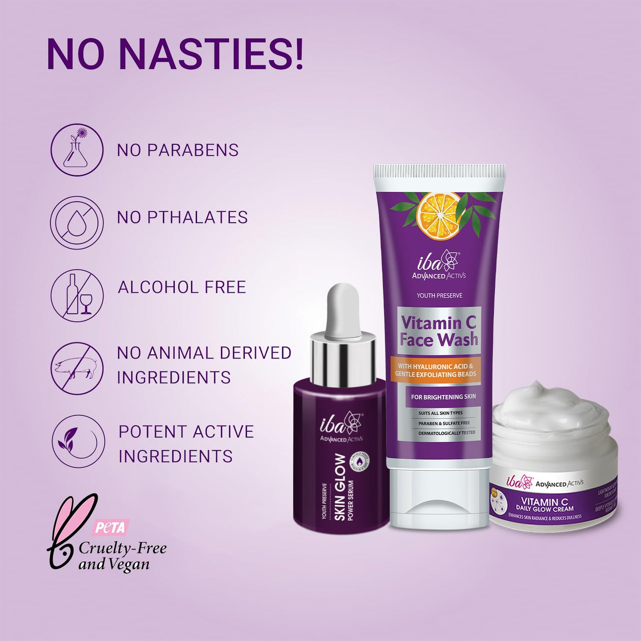 Iba Vitamin C Skin Care Regime Combo for Brighter (Face Wash (100ml) + Skin Glow Power Serum (30ml) + Vitamin C Cream (50g))