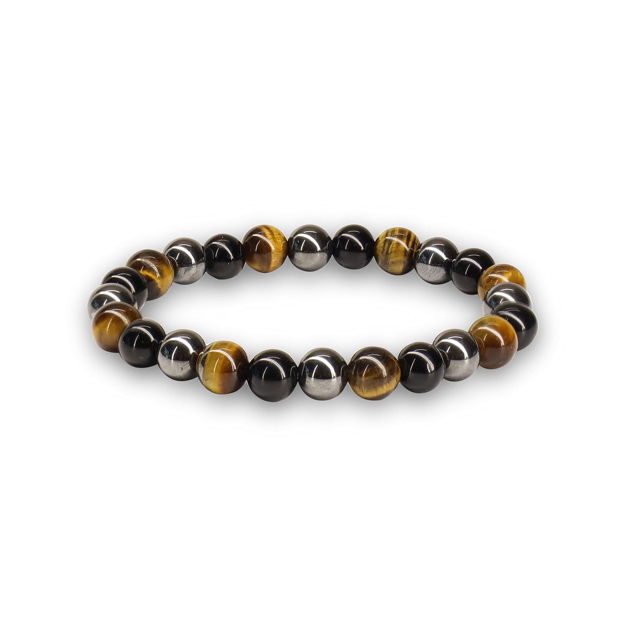 Crystal Vibe 8mm Triple Protection Bracelet - Beaded Bracelet with Natural Stones of Tiger Eye, Hematite, Black Obsidian - Elastic Adjustable Crystal Bracelet for Anxiety Relief, Spiritual Healing