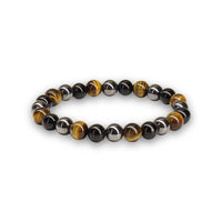Crystal Vibe 8mm Triple Protection Bracelet - Beaded Bracelet with Natural Stones of Tiger Eye, Hematite, Black Obsidian - Elastic Adjustable Crystal Bracelet for Anxiety Relief, Spiritual Healing