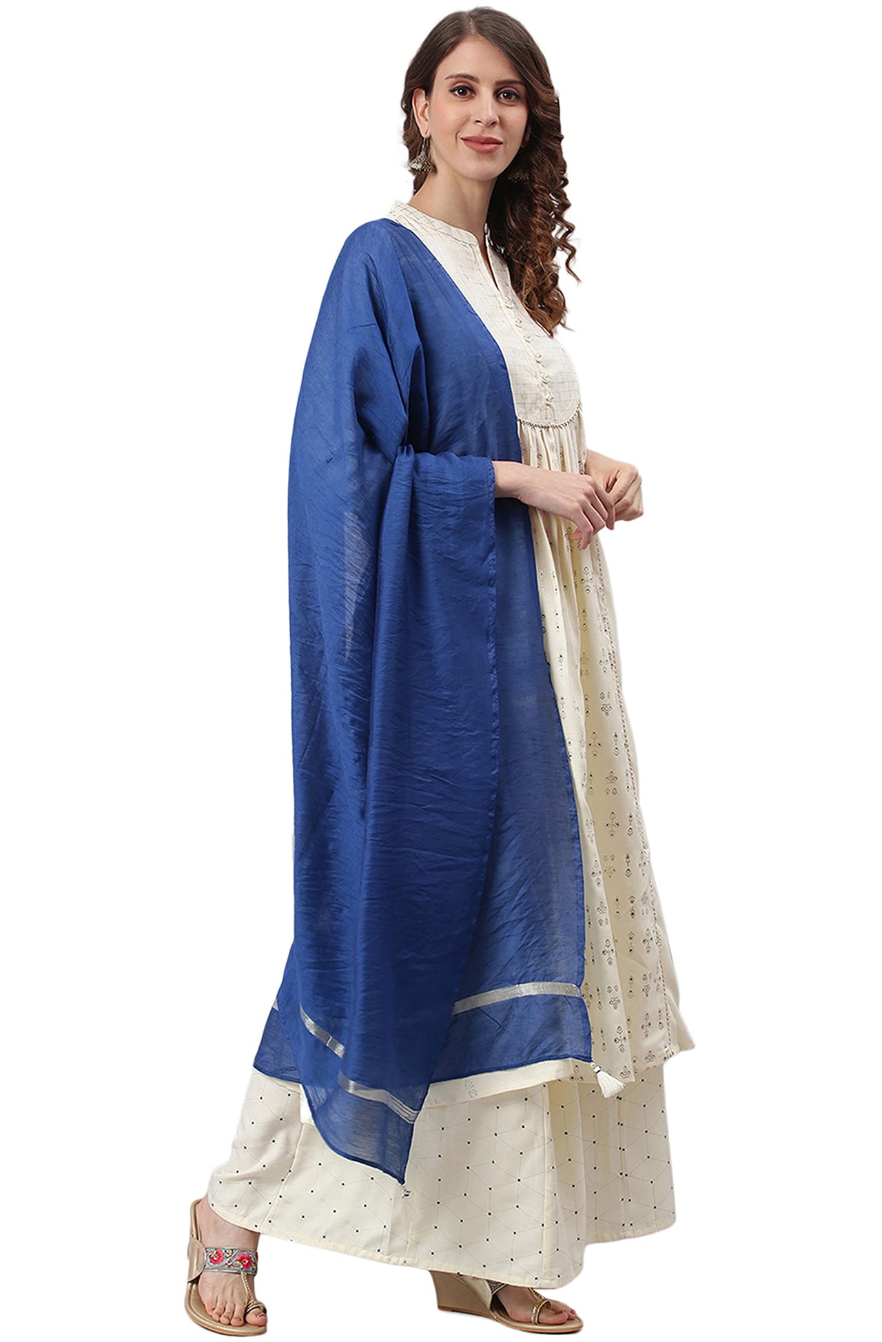 Janasya Women's  Off- White and Silver Poly Silk Kurta With Palazzo and Dupatta