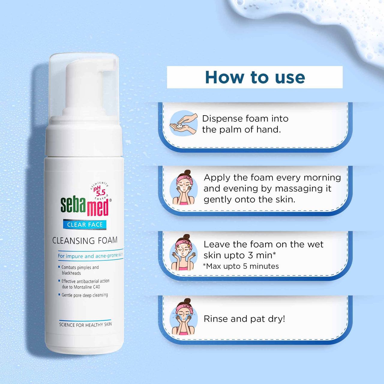 Sebamed Clear Face Cleansing Foam| pH 5.5 | Combats pimples with Montaline C40 | Deep pore cleansing | Dermatologically & clinically tested | 150ml (Pack of 2)
