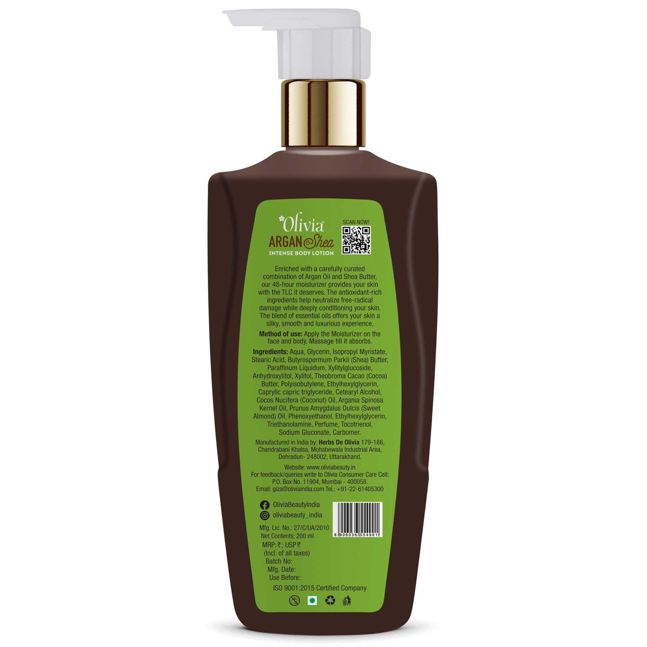 Olivia Argan & Shea Intence Body Lotion 200ml | 48 Hrs Moisturiser | For All Skin Types | Paraben Free | Non Greasy & Healthy Looking Skin