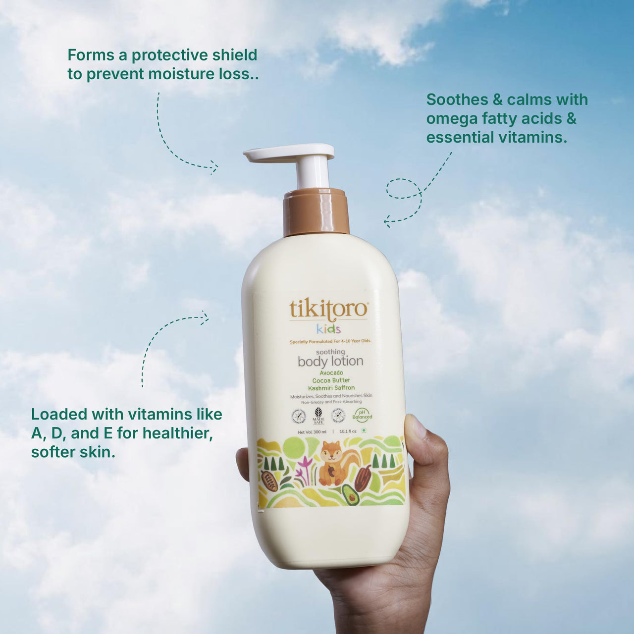 Tikitoro Kids Soothing Body Lotion | Pediatrician Approved | Moisturizes, Soothes & Nourishes Skin |100% Vegan with Avocado, Cocoa Butter, Kashmiri Saffron Extract |Daily Use (Age: 4+ Years) (300 x 1)