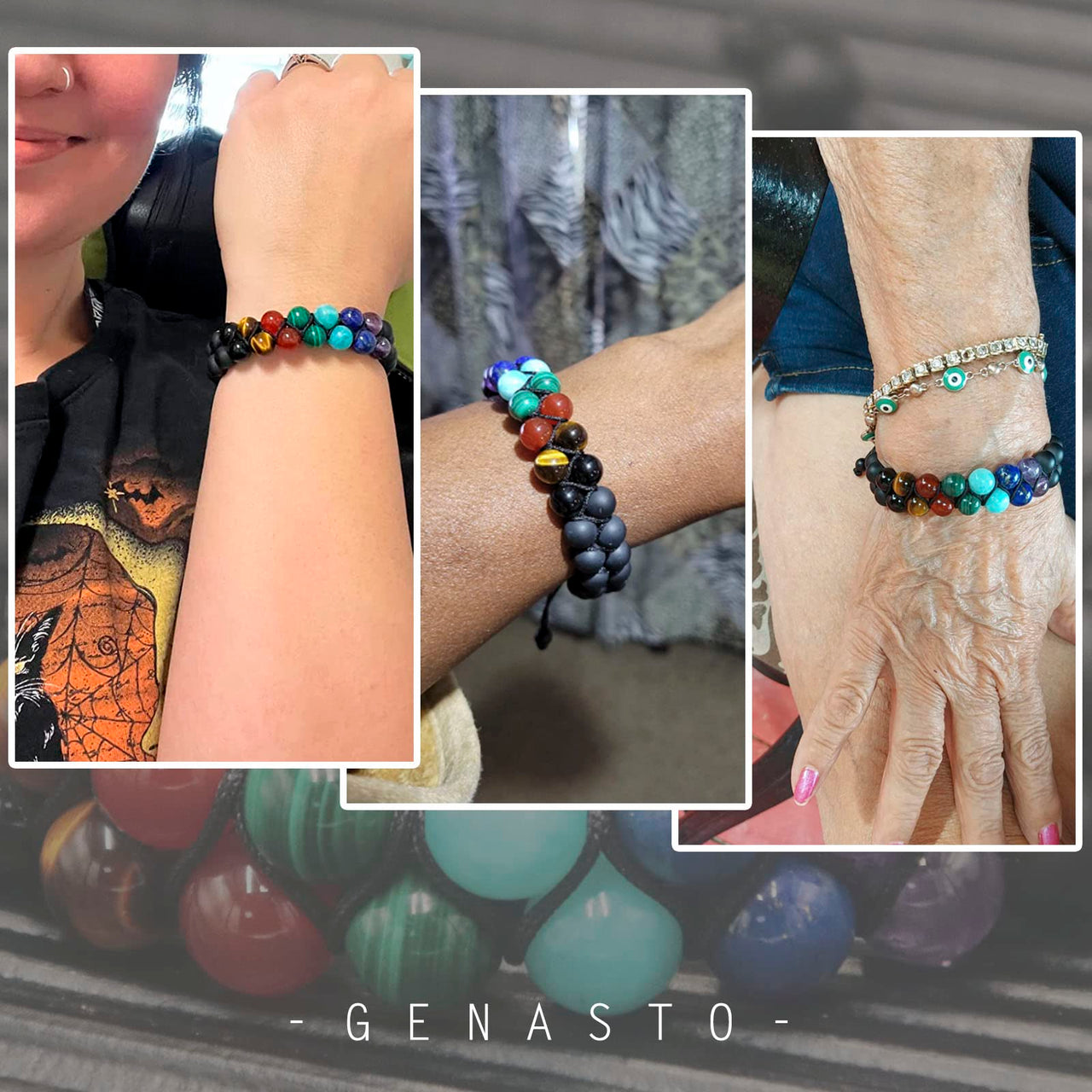 Mens Crystal Bracelet, GENASTO 7 Chakra Bracelet with Real Stones Tigers Eye Obsidan Amethyst Malachite Amazonite Lapis Lazuli Red Agate Beads Bracelets for Multi Healing Protection Balance